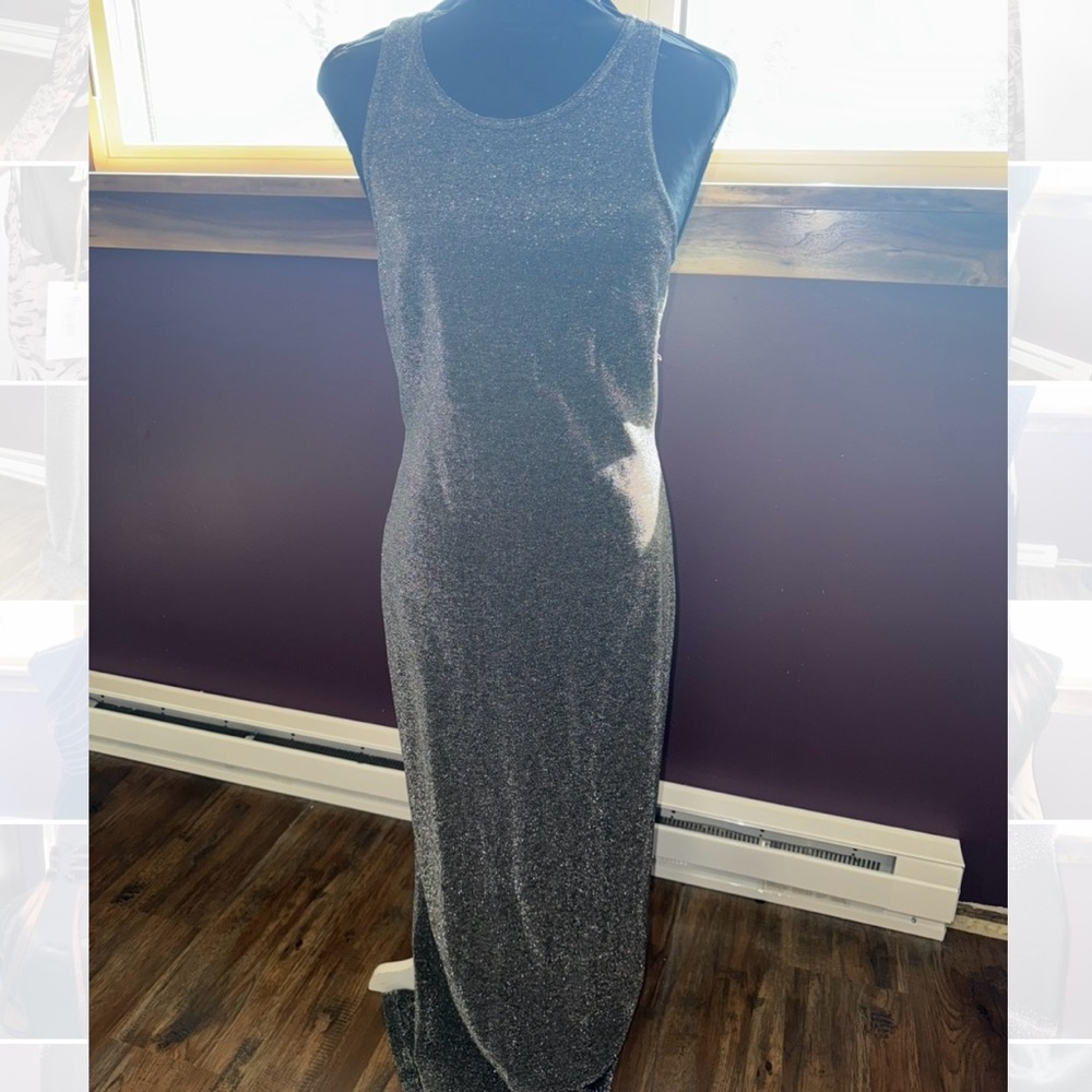Vintage 90s All That Jazz formal maxi sheath dress metallic silver sparkle